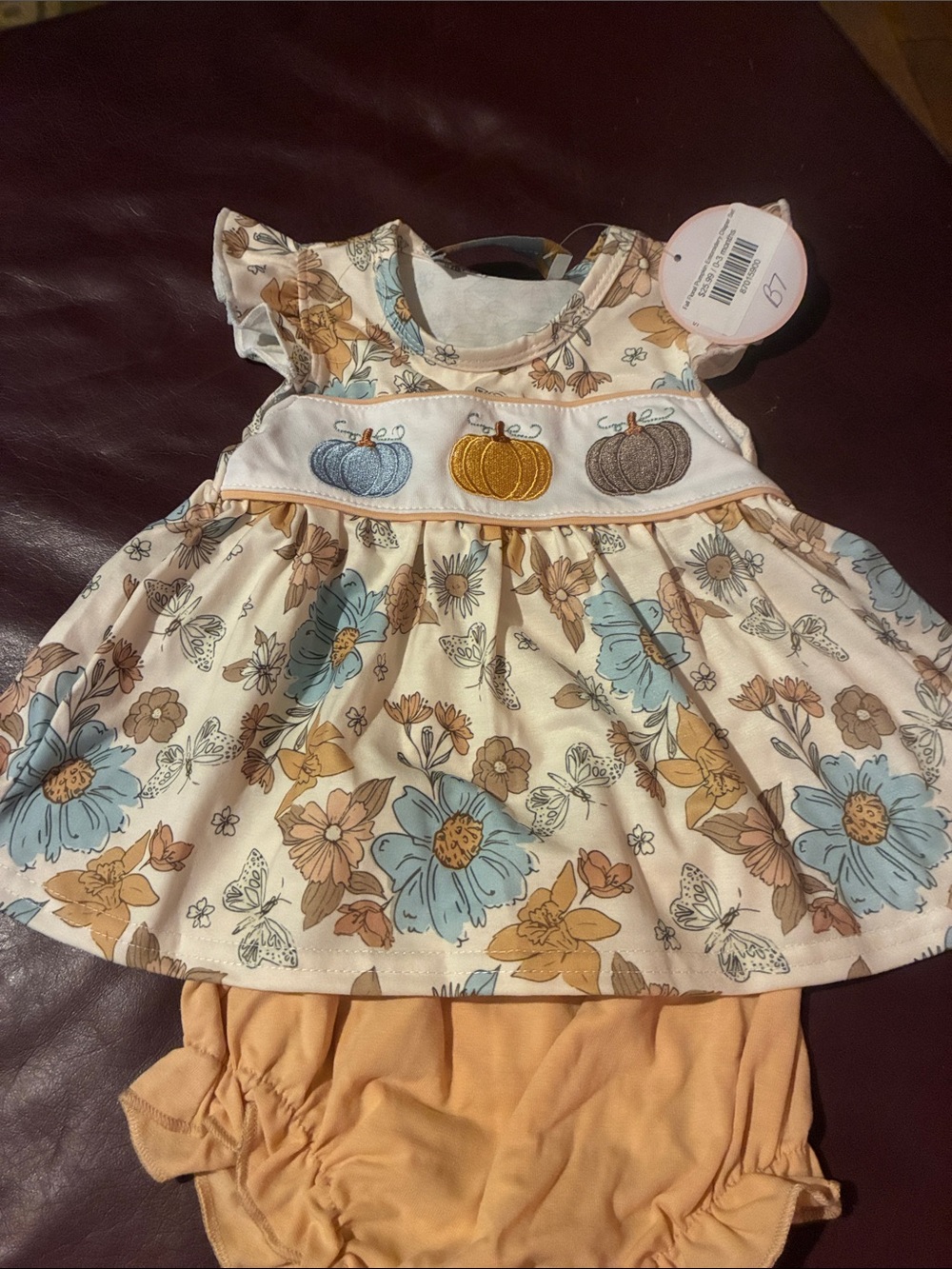 Baby Floral Pumpkin Dress & Bloomers Set in Cream, Blue, and Tan